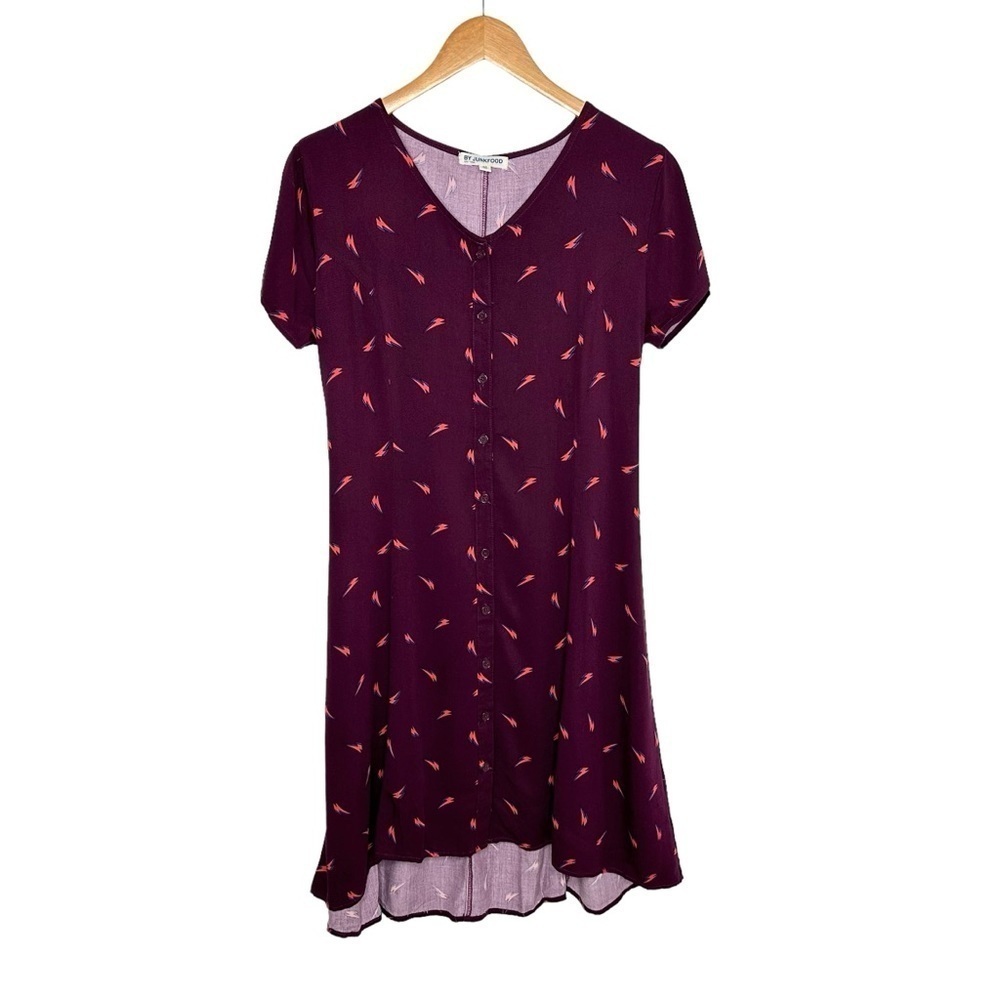 Junk Food Womens Lightning Bolt Button Up Dress Sz Medium Purple Tie Waist